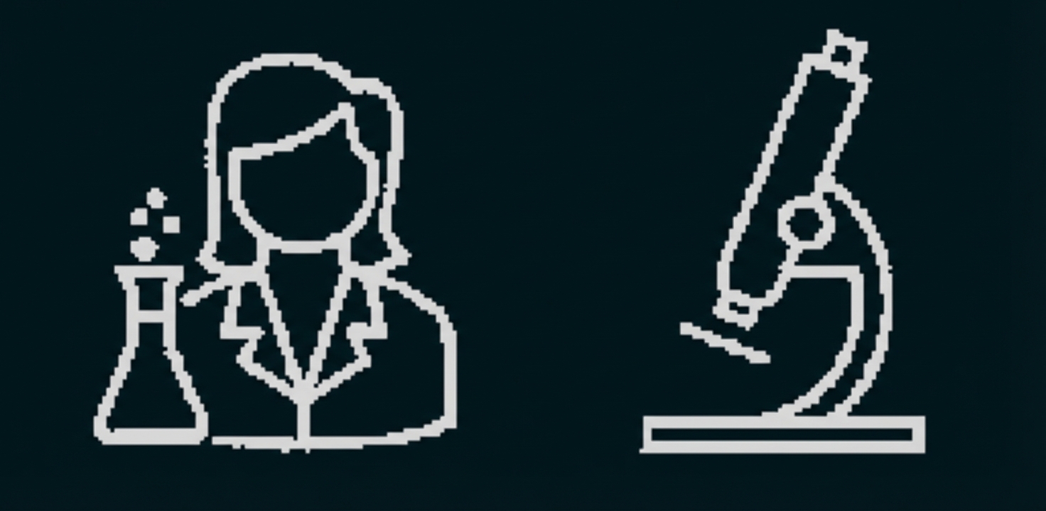 Symbol einer Wissenschaftlerin mit Reagenzglas neben einem Mikroskop